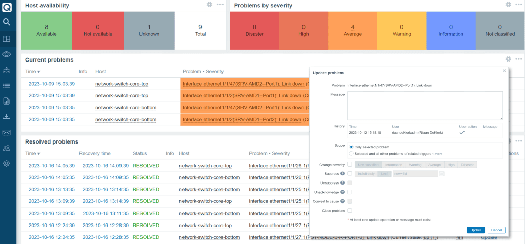 Network monitoring interface showing 'Host availability' metrics. Categories include 'Available', 'Not available', and 'Unknown'. Below, 'Current problems' lists issues with network switches, detailing the issue and its severity. Further below, a 'Resolved problems' section showcases fixed issues with recovery time, status, and related information.