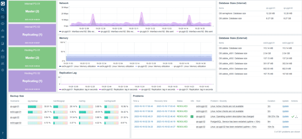 Dashboard showing Postgres server metrics. Left panel lists server statuses with timestamps. Center graphs depict 'Network' bandwidth, 'Memory' utilization, and 'Replication Lag'. 'Backup Size' bars represent storage used across hostnames. Right tables display 'Database Sizes (Internal and External)' and a 'Problems' log with resolved issues. Overview of server health and performance.
